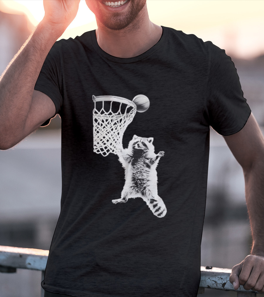 Raccoon Dunking Basketball Fun Animal Sports Play T-Shirt