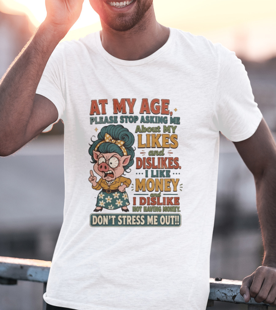 At My Age Please Stop Asking About My Likes I Like Money I Dislike Not Having Money Don't Stress Me Out T-Shirt