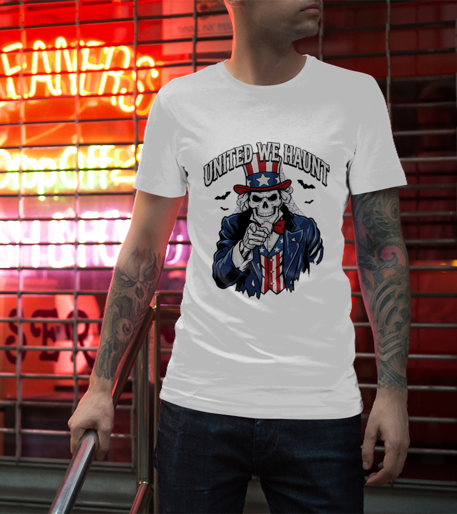 Uncle Sam Skeleton Pointing United We Haunt Halloween Bats T-Shirt