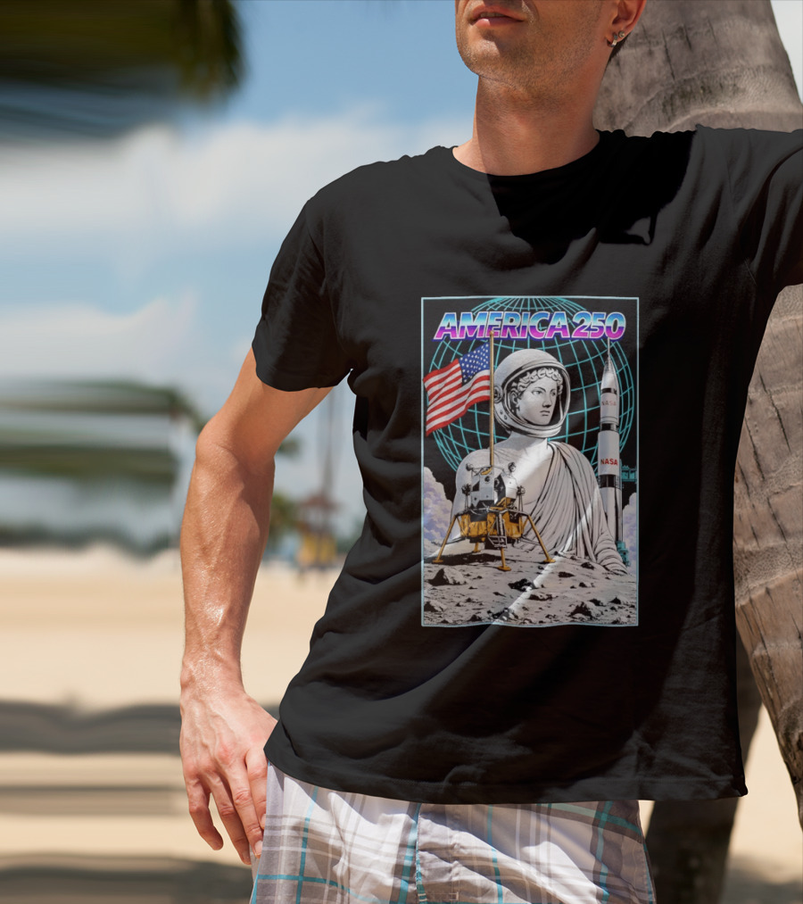 America 250 Apollo Space Rocket NASA Flag Astronaut Statue Moon T-Shirt