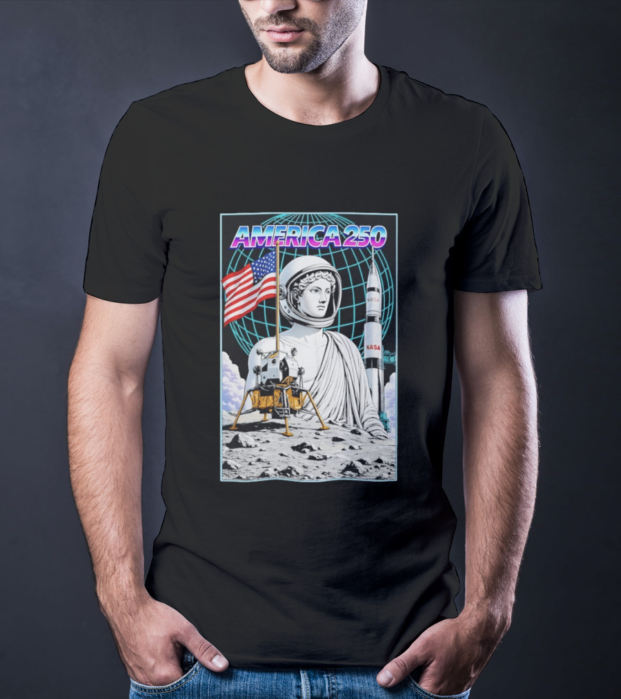America 250 Apollo Space Rocket NASA Flag Astronaut Statue Moon T-Shirt