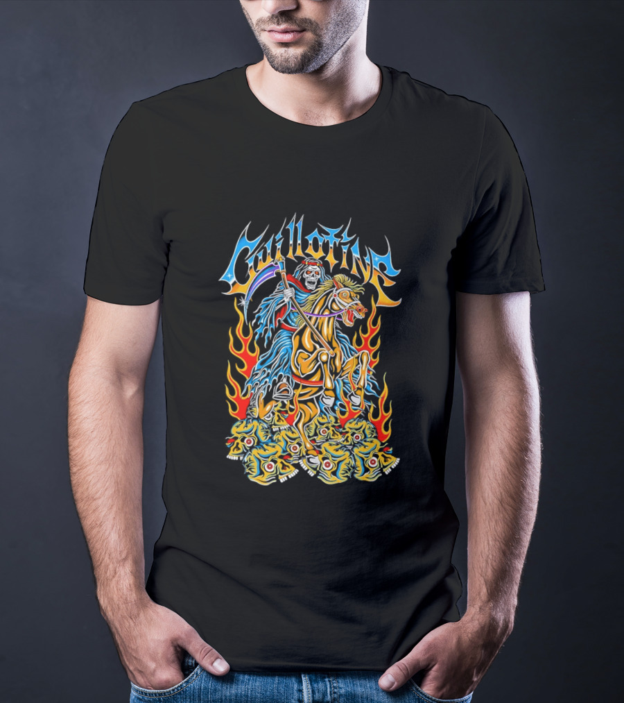 Guillotine Grim Reaper Riding Fiery Horse With Skull And Flames Heavy Metal Concert T-Shirt