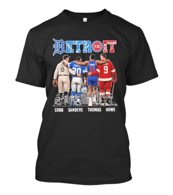 Detroit Icons Ty Cobb Barry Sanders Isiah Thomas Gordie Howe Signatures Skyline T-Shirt