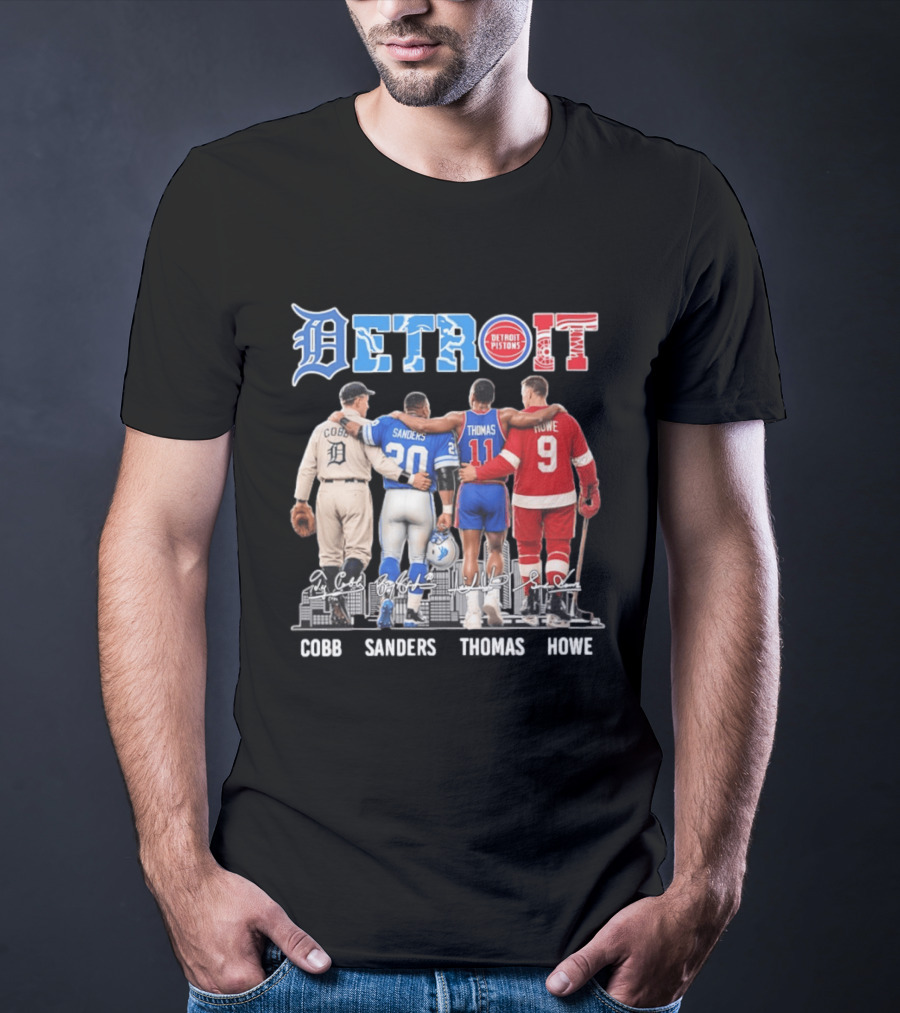 Detroit Icons Ty Cobb Barry Sanders Isiah Thomas Gordie Howe Signatures Skyline T-Shirt