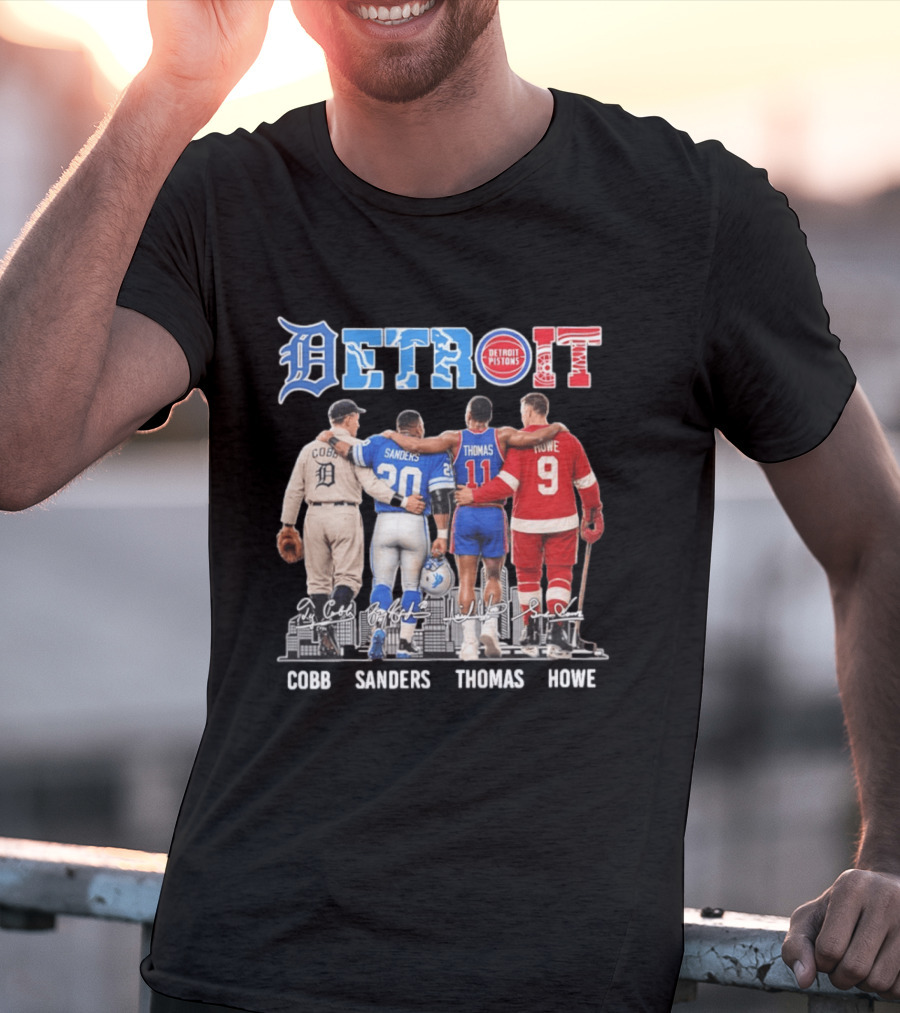 Detroit Icons Ty Cobb Barry Sanders Isiah Thomas Gordie Howe Signatures Skyline T-Shirt