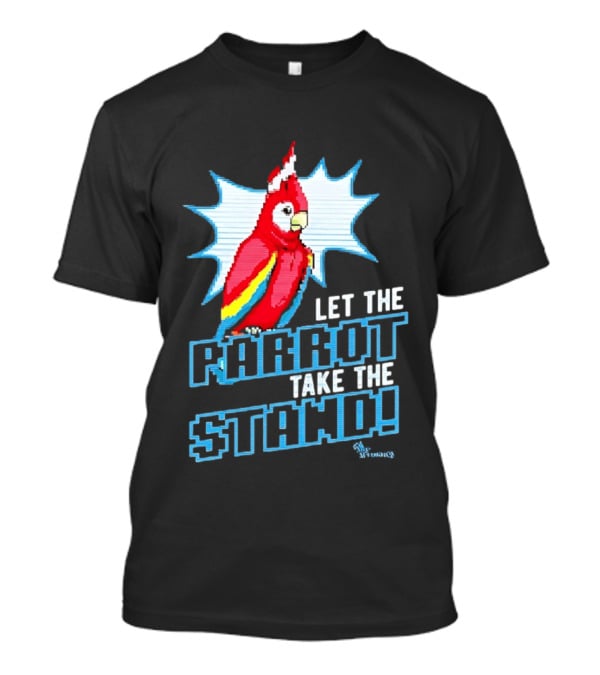 Let The Parrot Take The Stand Vibrant Red Bird With Santa Hat And Blue Starburst T-Shirt