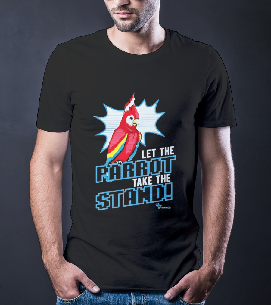 Let The Parrot Take The Stand Vibrant Red Bird With Santa Hat And Blue Starburst T-Shirt