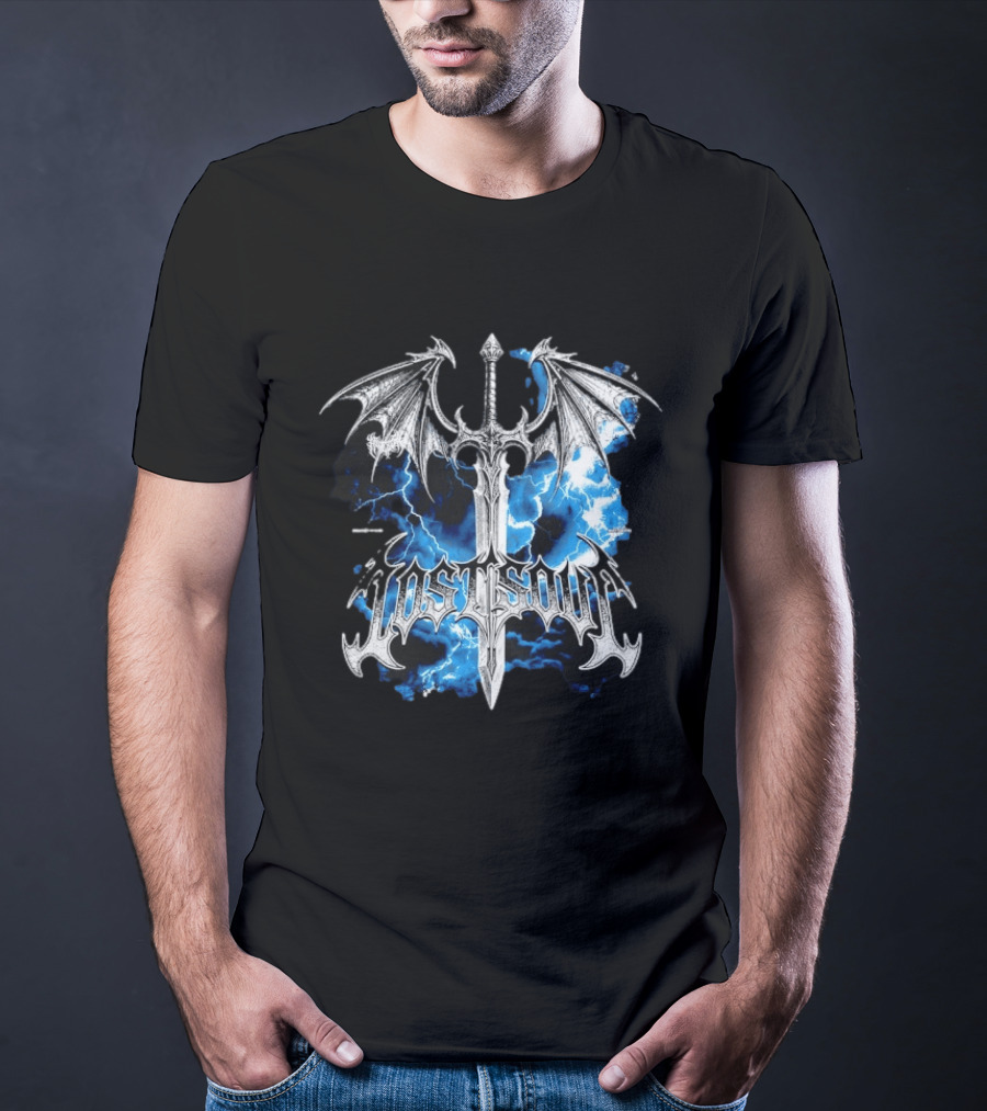 Lost Soul Gothic Sword With Wings And Blue Lightning T-Shirt