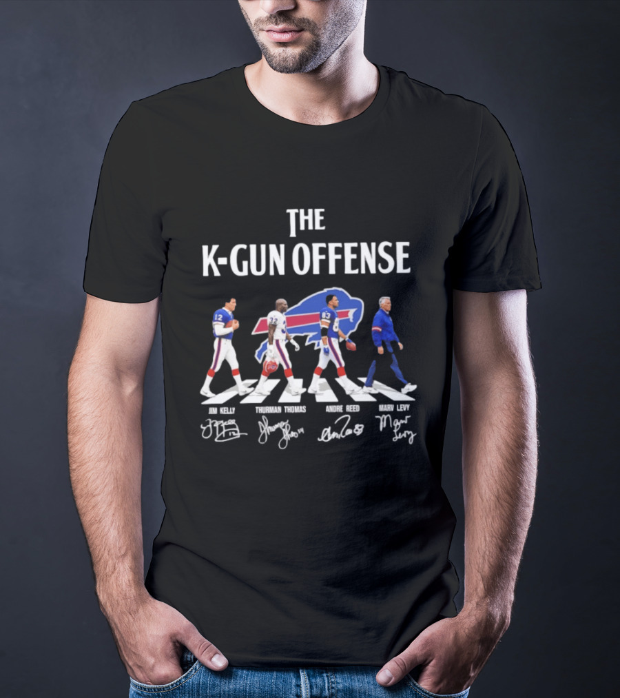 The K Gun Offense Buffalo Bills Jim Kelly Thurman Thomas Andre Reed Marv Levy Abbey Road With Signatures T-Shirt