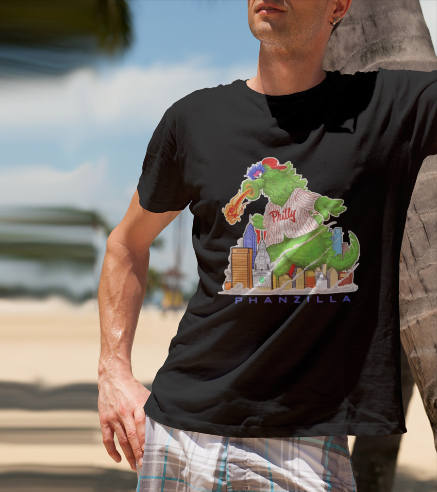 Phillie Phanatic Phanzilla Cityscape Fire Breathing Baseball T-Shirt