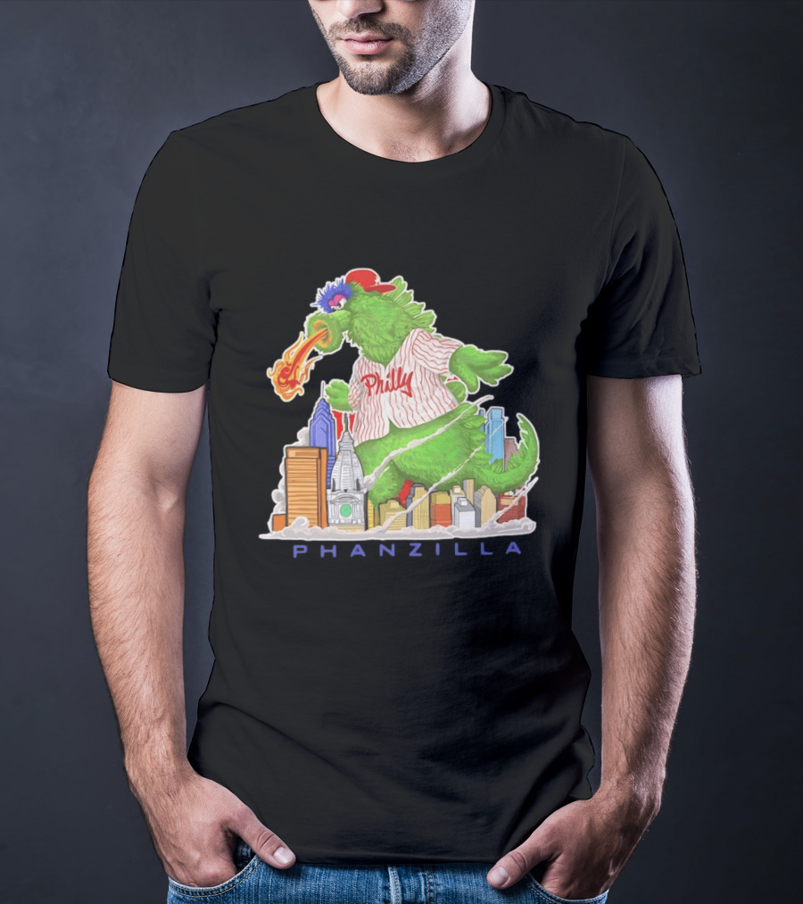 Phillie Phanatic Phanzilla Cityscape Fire Breathing Baseball T-Shirt