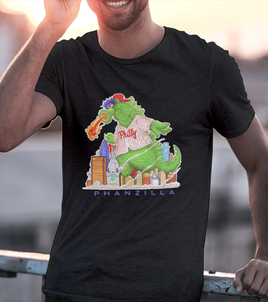 Phillie Phanatic Phanzilla Cityscape Fire Breathing Baseball T-Shirt