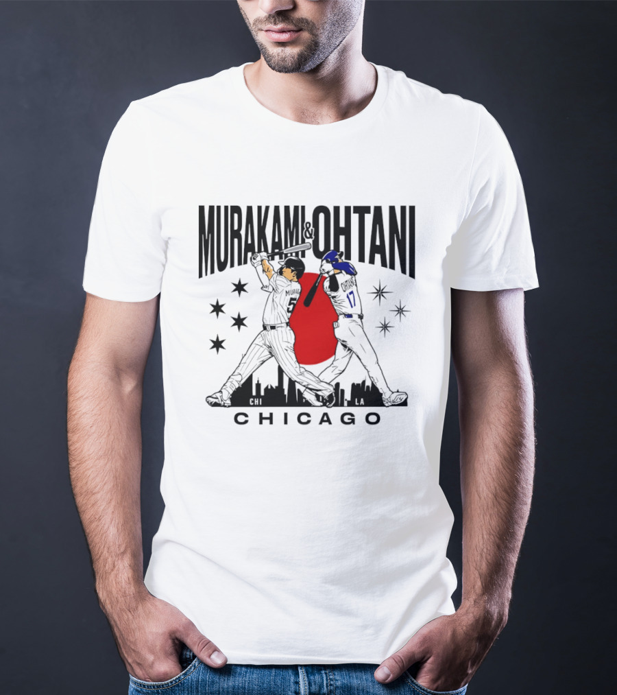 Murakami Ohtani Chicago Baseball Crossed Bats Skyline Stars Red Sun Japan T-Shirt