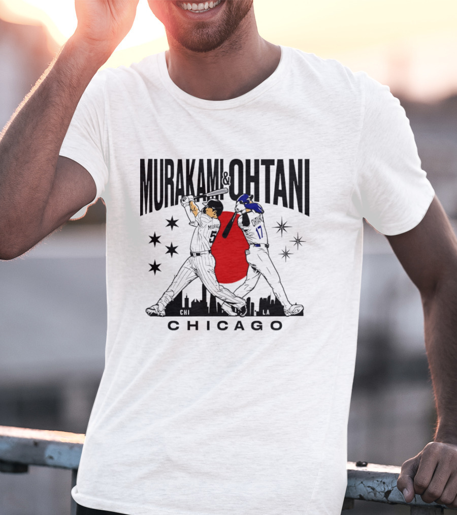 Murakami Ohtani Chicago Baseball Crossed Bats Skyline Stars Red Sun Japan T-Shirt