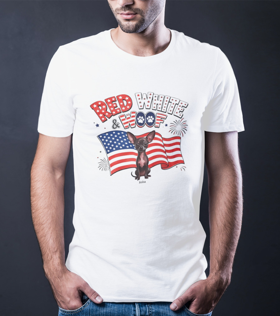 Chihuahua Red White And Woof US Flag Fireworks Celebration T-Shirt