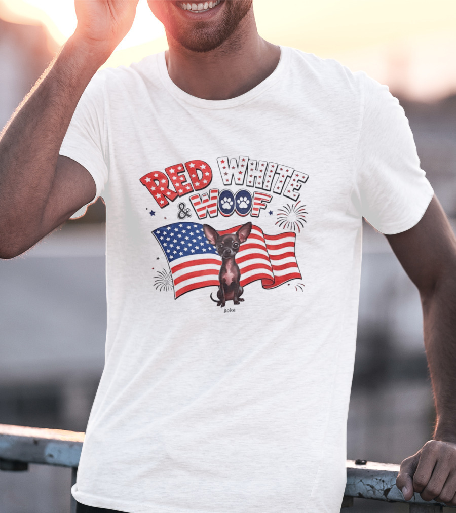 Chihuahua Red White And Woof US Flag Fireworks Celebration T-Shirt