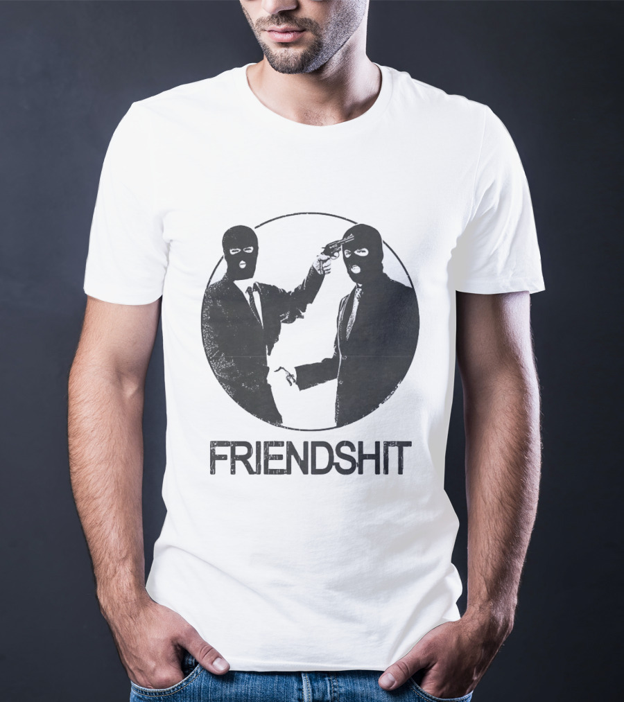 FRIENDSHIT Ski Mask Men Handshaking Gun Gesture T-Shirt