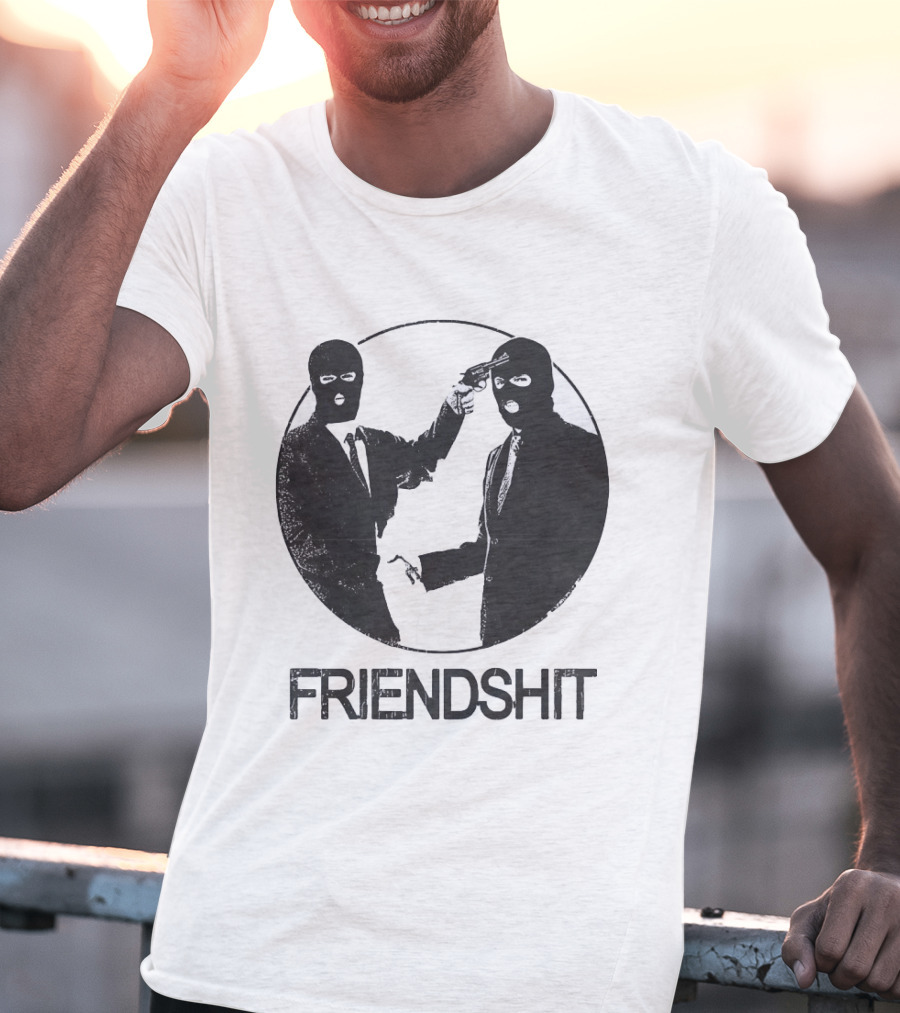 FRIENDSHIT Ski Mask Men Handshaking Gun Gesture T-Shirt