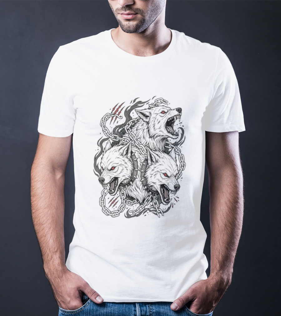 Three Headed Wolf Cerberus Mythology Red Eyes Fierce Gaze T-Shirt