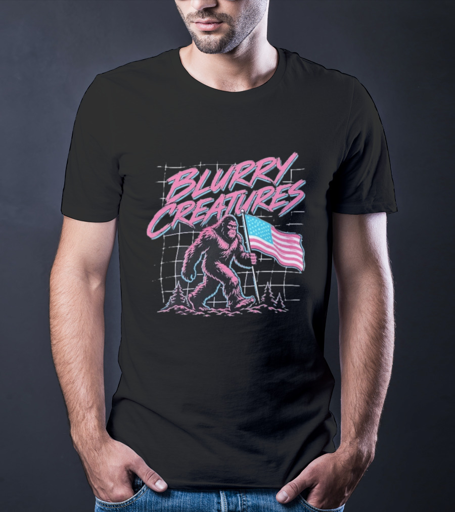 Blurry Creatures Bigfoot Holding American Flag With Retro Grid T-Shirt