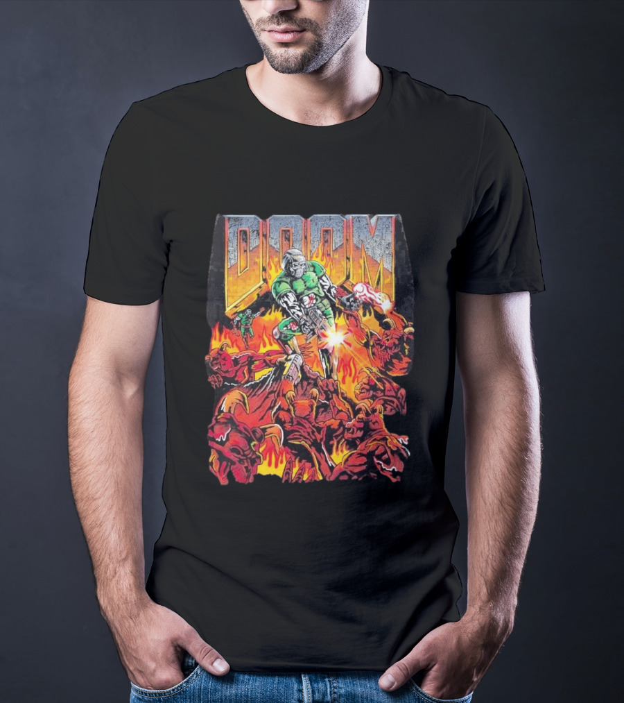 Doom Marine Warren Lotas Retro Video Game Demon Slayer Action Scene T-Shirt