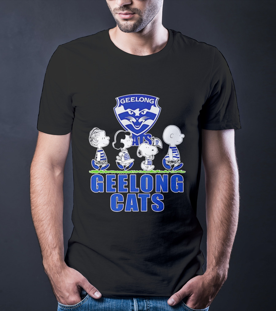 Peanuts Snoopy Charlie Brown Lucy Schroeder Geelong Cats AFL Fan T-Shirt