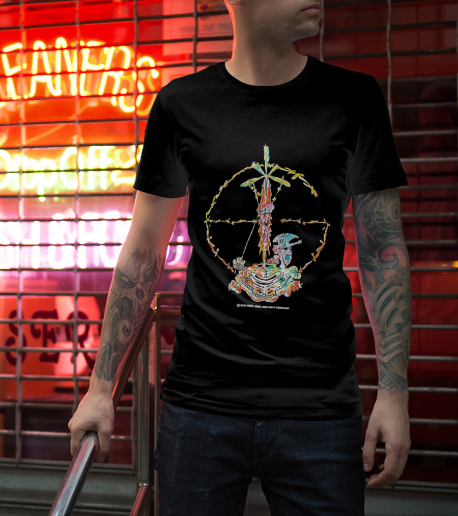 Psychedelic Skeleton Cross Barbed Wire Flowers T-Shirt