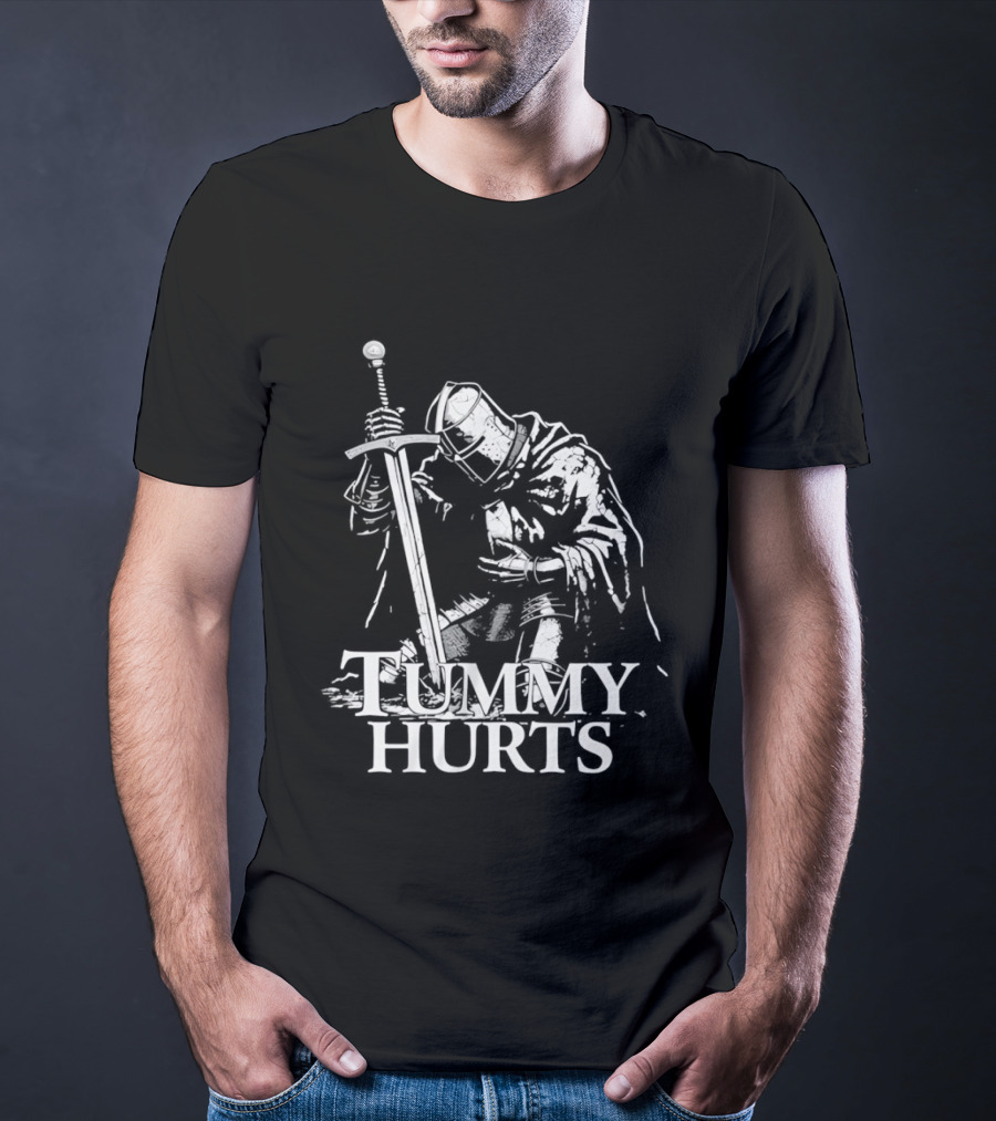Tummy Hurts Knight Dark Fantasy Medieval Sword Kneeling Warrior T-Shirt