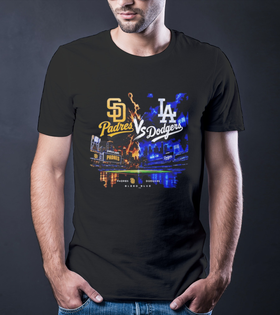 San Diego Padres Vs Los Angeles Dodgers Bleed Blue Petco Park Stadium Lightning T-Shirt
