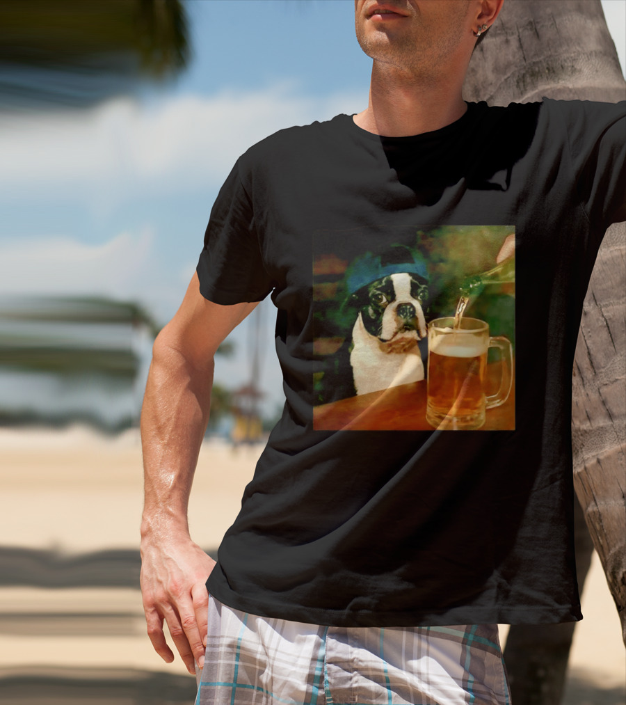 Boston Terrier Baseball Cap Drinking Beer T-Shirt