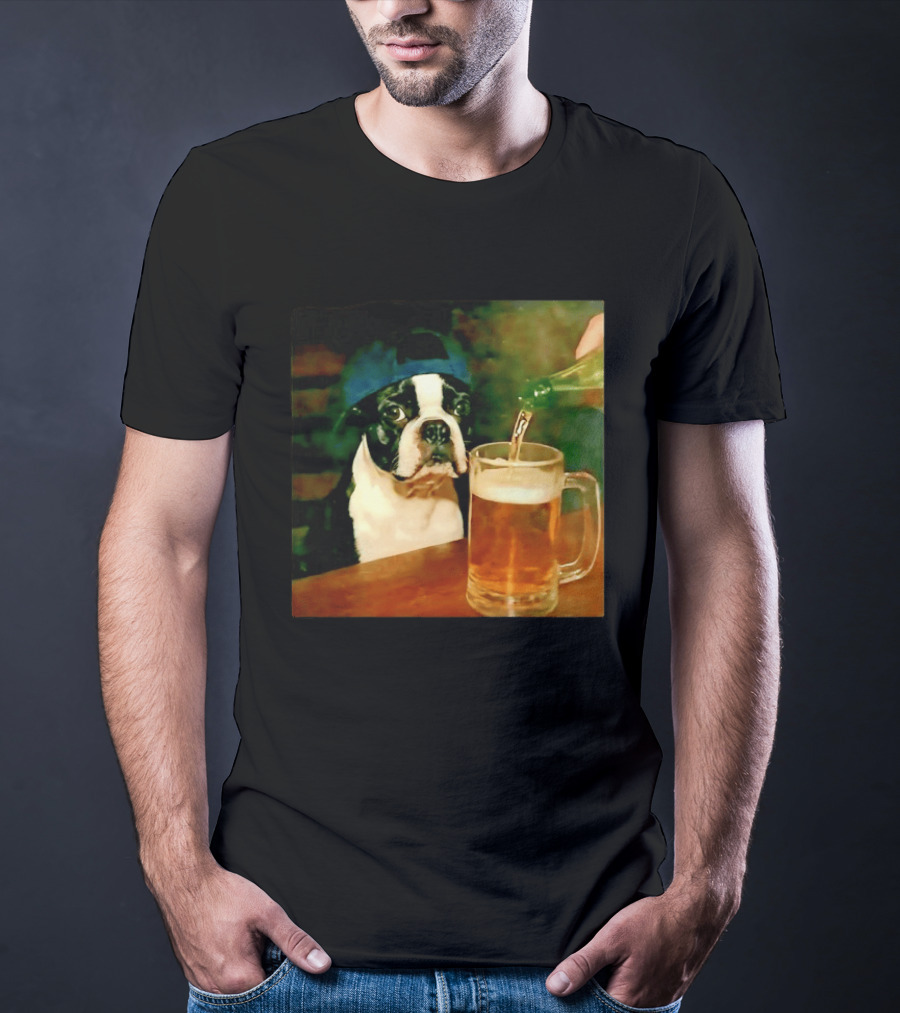 Boston Terrier Baseball Cap Drinking Beer T-Shirt