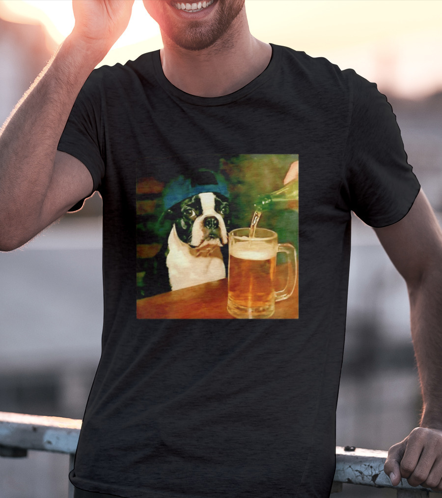 Boston Terrier Baseball Cap Drinking Beer T-Shirt