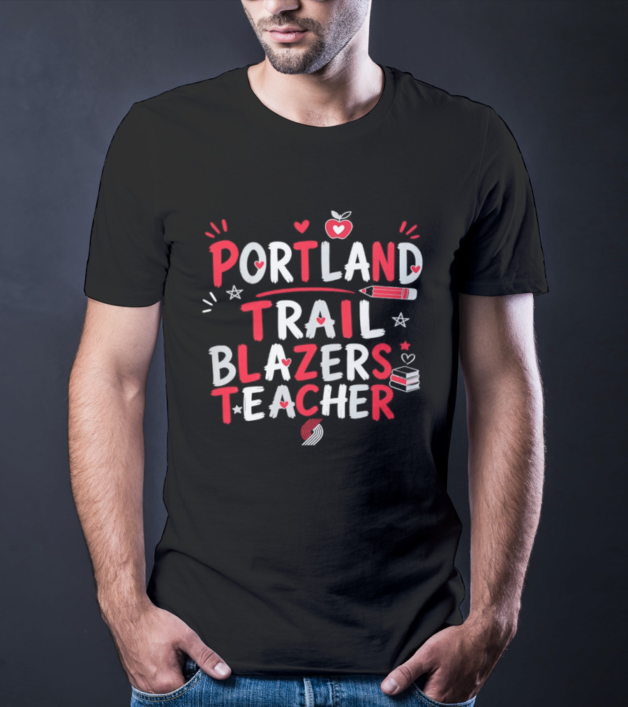 Portland Trail Blazers Teacher Heart Pencil Books T-Shirt