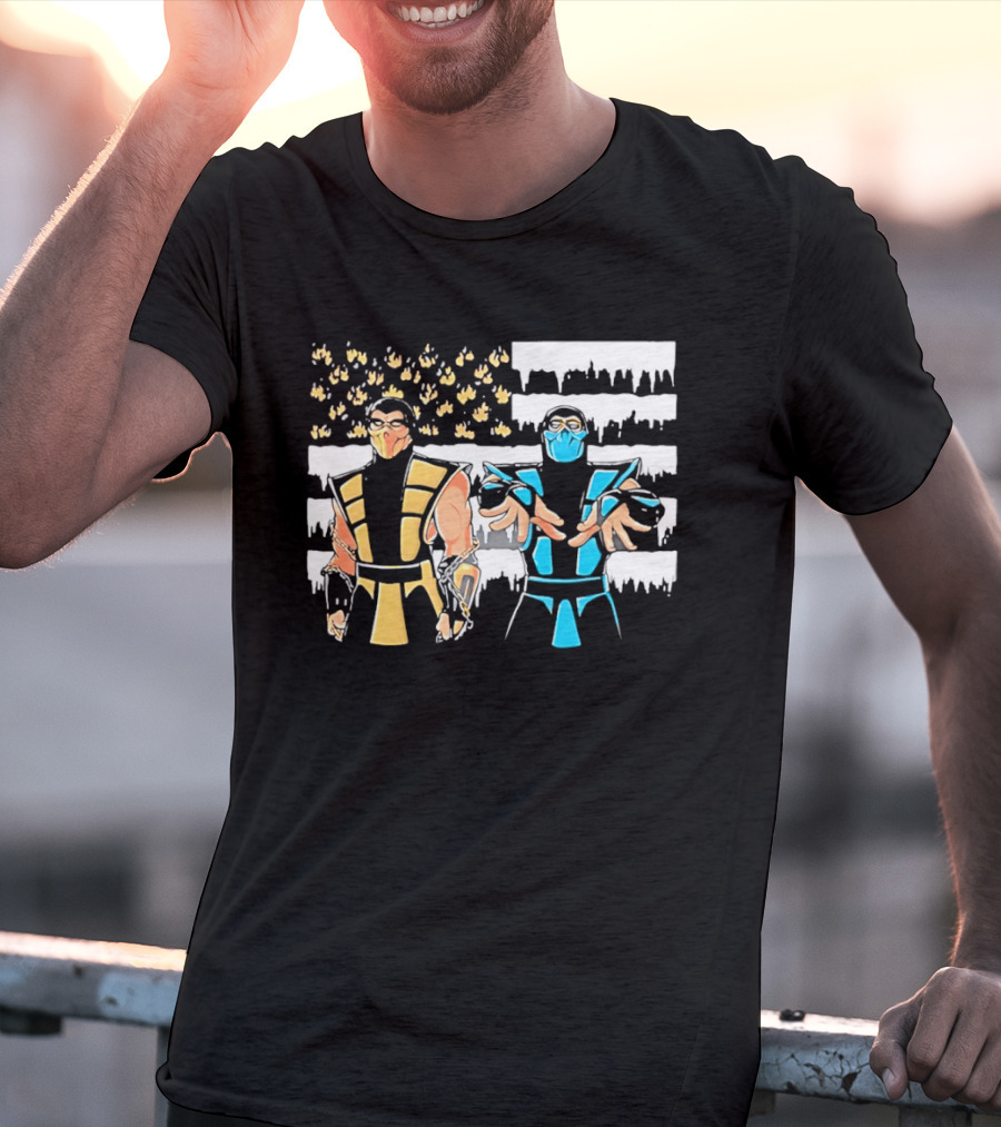 Mortal Kombat Scorpion Sub Zero Fire Ice American Flag T-Shirt