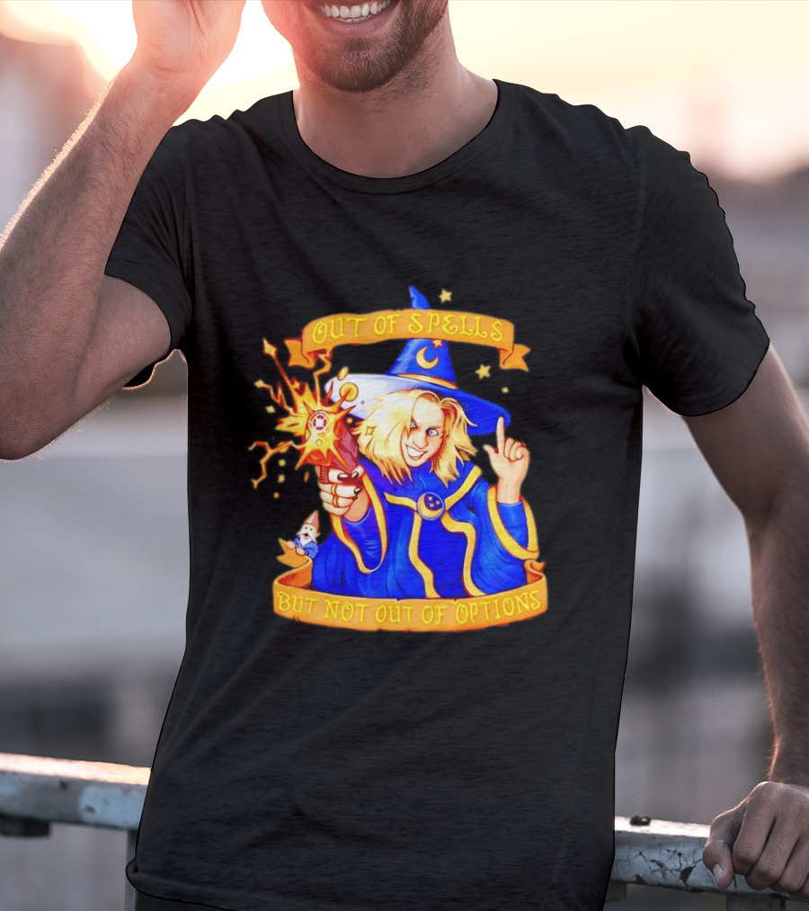 Greg The Sorcerer Out Of Spells Not Out Of Options Enchanting Wizard With Wand And Magic Aura T-Shirt