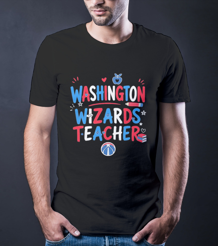 Washington Wizards Teacher Apple Pencil Heart Basketball T-Shirt