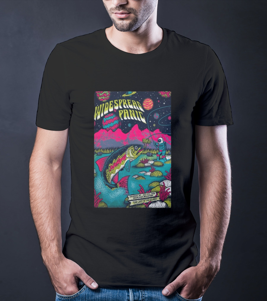 Widespread Panic Jul 5 2026 Snow King Mountain Jackson WY Cosmic Fishing Astronaut And Giant Fish Fantasy Scene T-Shirt