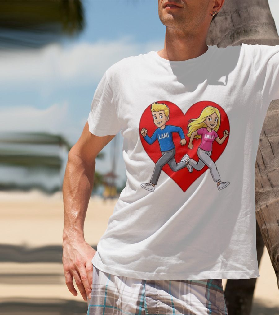Lami And Emily Cartoon Couple Running With Heart T-Shirt