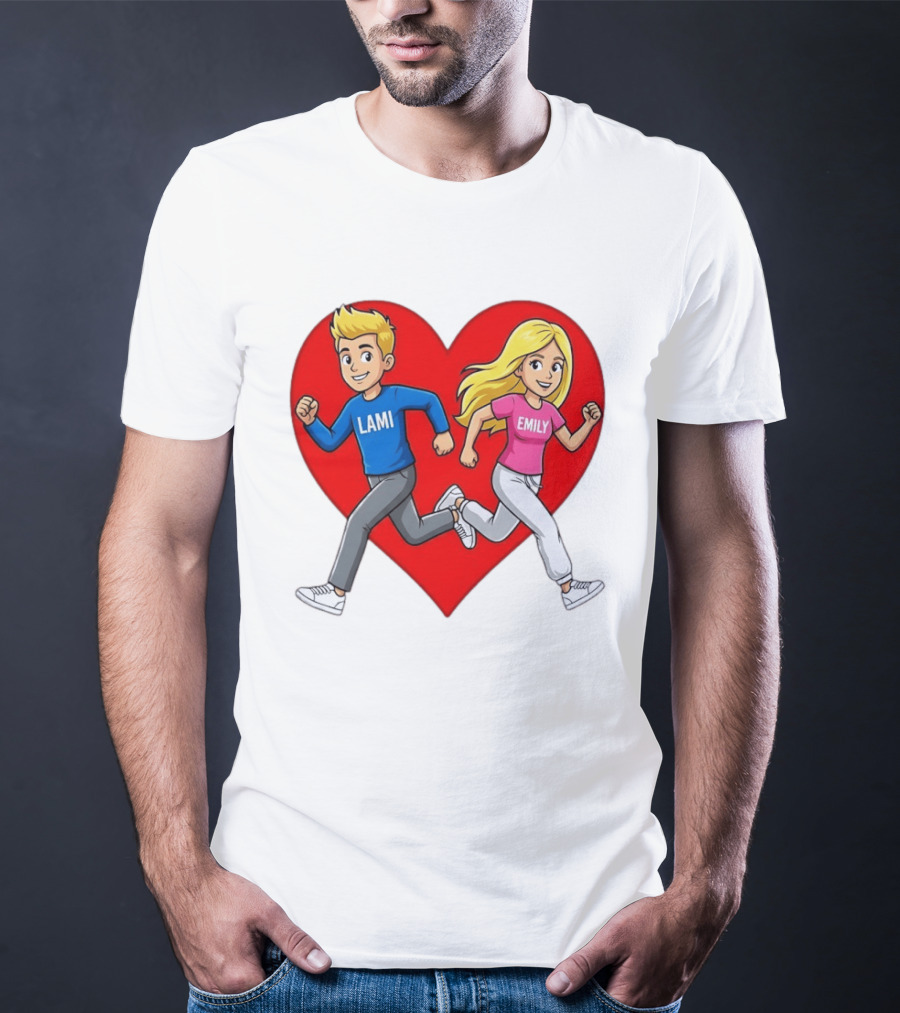 Lami And Emily Cartoon Couple Running With Heart T-Shirt