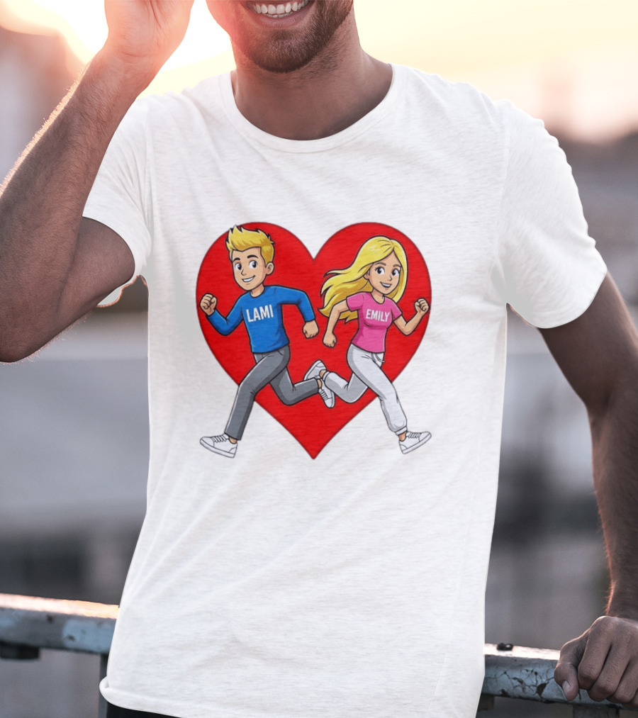 Lami And Emily Cartoon Couple Running With Heart T-Shirt