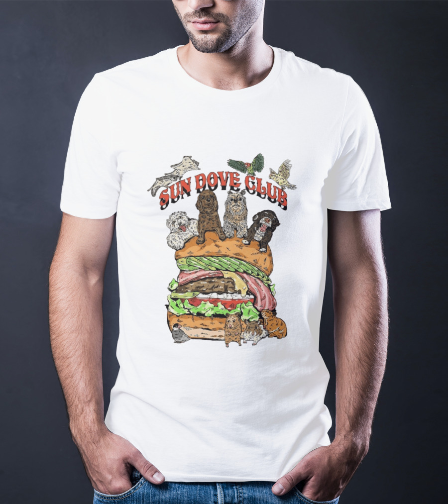 Sun Dove Club Animals On Giant Burger With Dogs And Birds T-Shirt