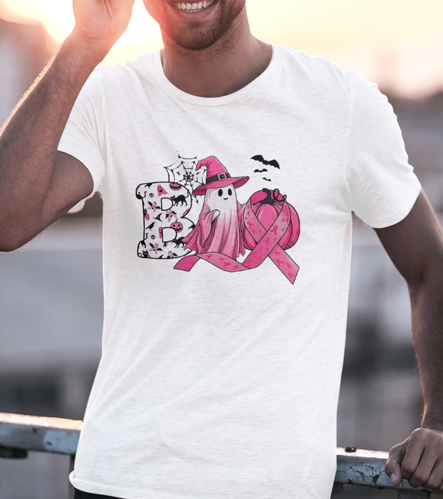Boo Ghost Witch Pink Breast Cancer Ribbon Halloween Pumpkin T-Shirt