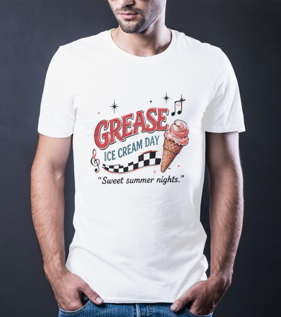 Grease Ice Cream Day Sweet Summer Nights Ice Cream Cone Music Notes Stars T-Shirt