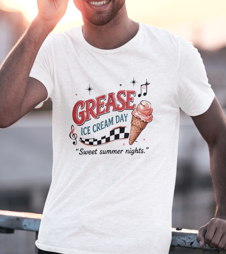 Grease Ice Cream Day Sweet Summer Nights Ice Cream Cone Music Notes Stars T-Shirt
