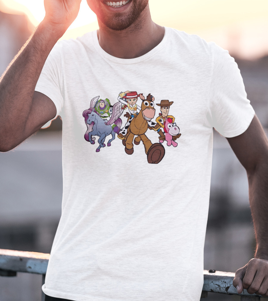 Buzz Lightyear Jessie Bullseye Woody And Buttercup Unicorn Toy Story Characters Running T-Shirt