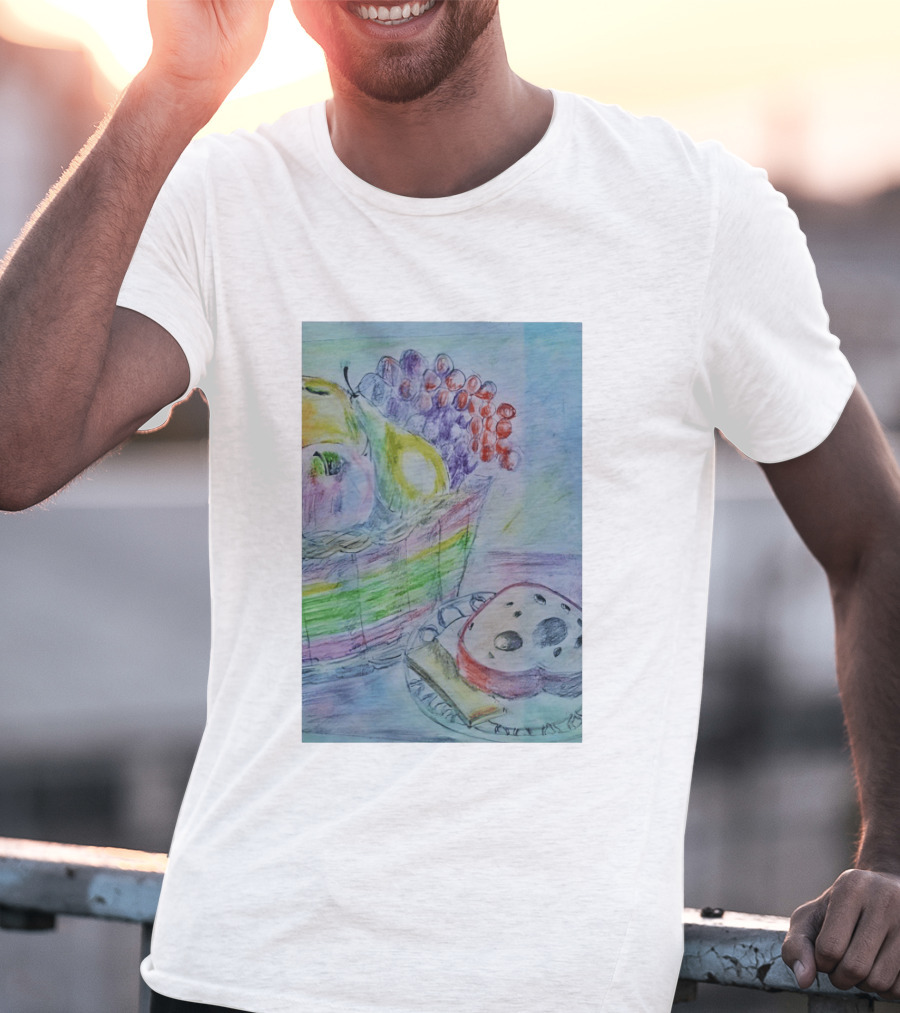 Fruit Basket Bagel Still Life Drawing Pears Apples Grapes Bread T-Shirt