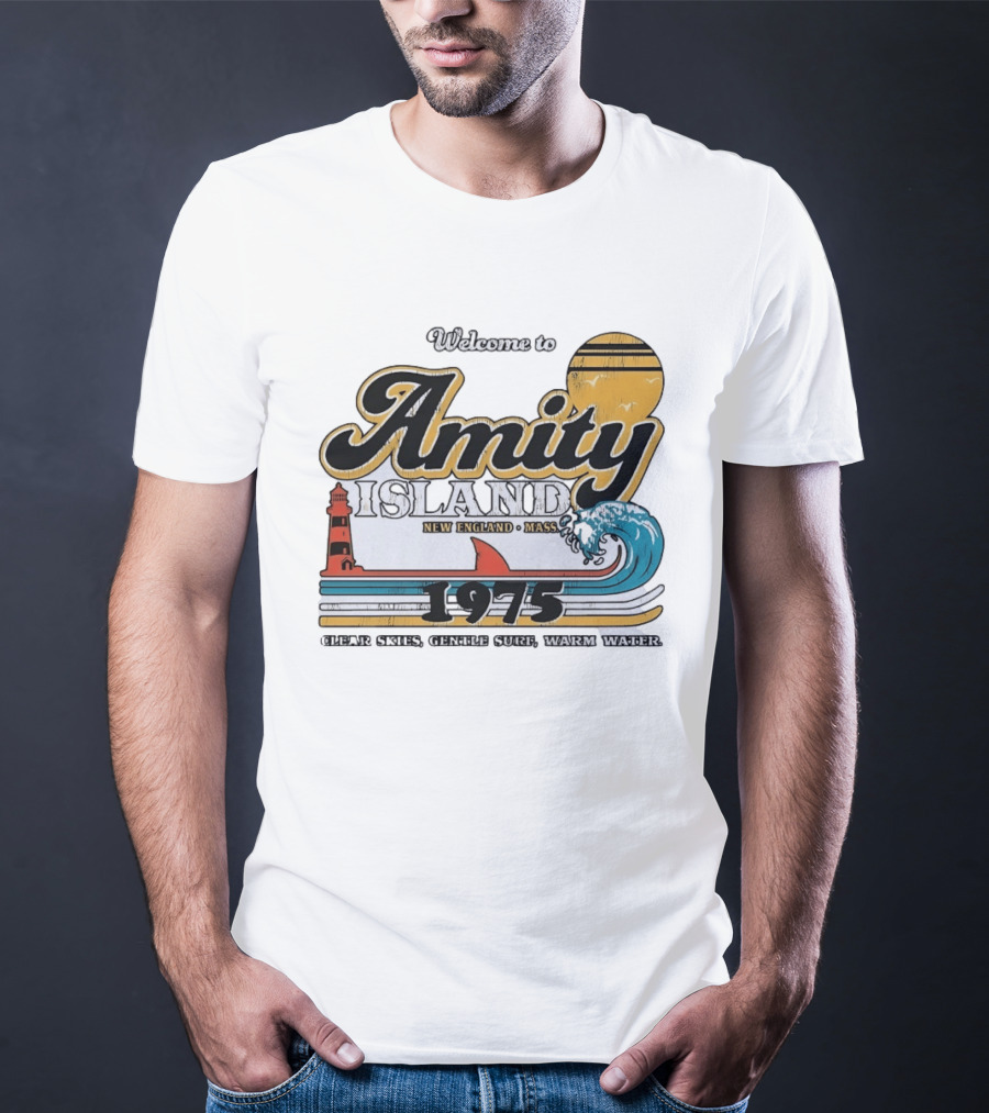 Welcome To Amity Island 1975 New England Massachusetts Lighthouse Wave Ocean Sun T-Shirt