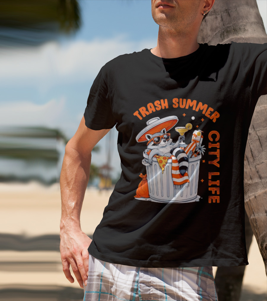 Trash Summer City Life Raccoon Enjoying Urban Vibes With Pizza And Martini T-Shirt