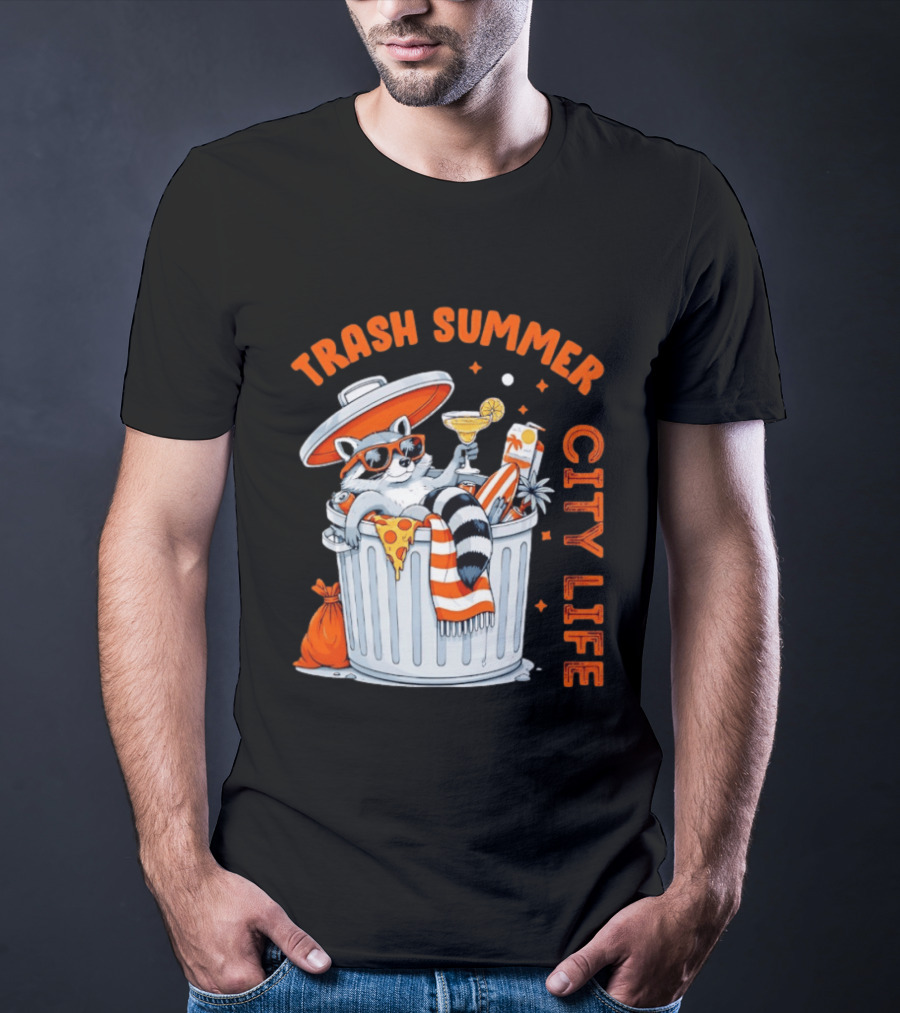 Trash Summer City Life Raccoon Enjoying Urban Vibes With Pizza And Martini T-Shirt