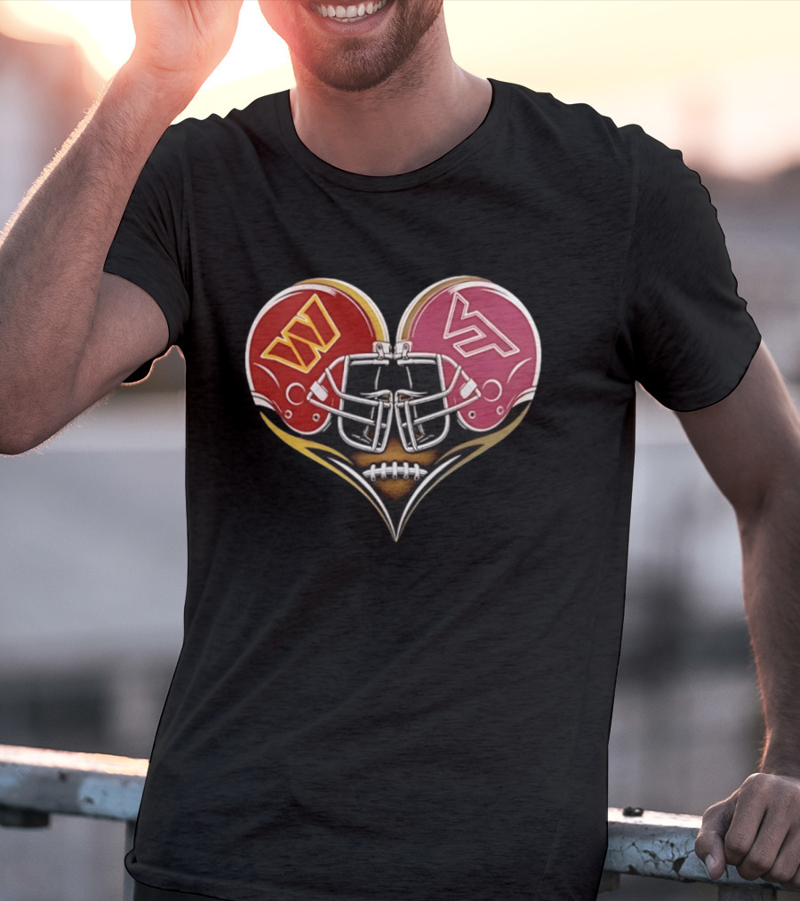 Washington Commanders Virginia Tech Hokies Helmet Heart Dual Team Spirit T-Shirt